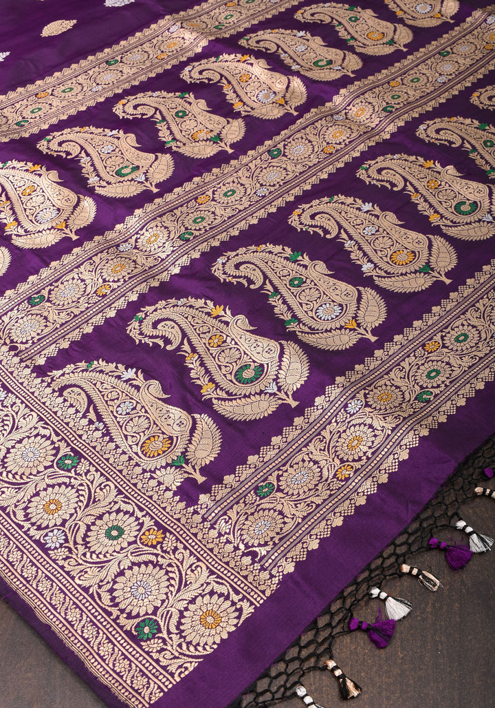 Purple Exquisite Banarasi Katan Silk Saree with Meenakari Border | SILK MARK CERTIFIED
