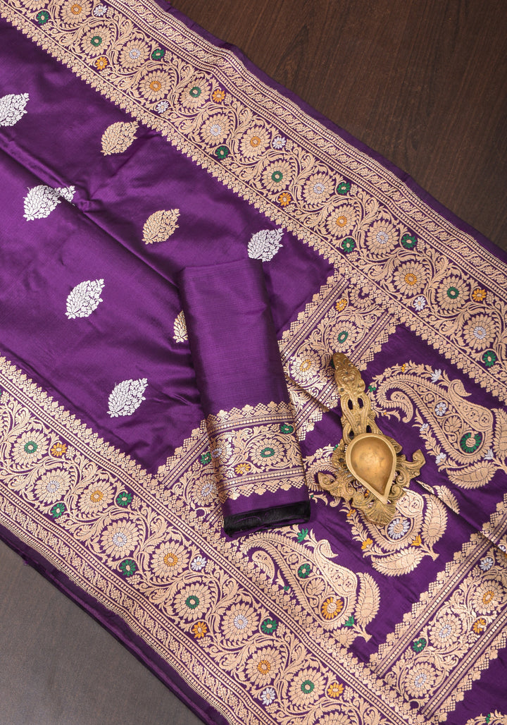 Purple Exquisite Banarasi Katan Silk Saree with Meenakari Border | SILK MARK CERTIFIED