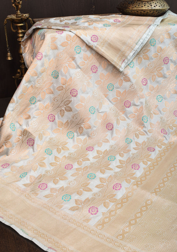 Exquisite Banarasi Katan Meenakari Silk Saree with Vertival Stripes in Gray  | SILK MARK CERTIFIED