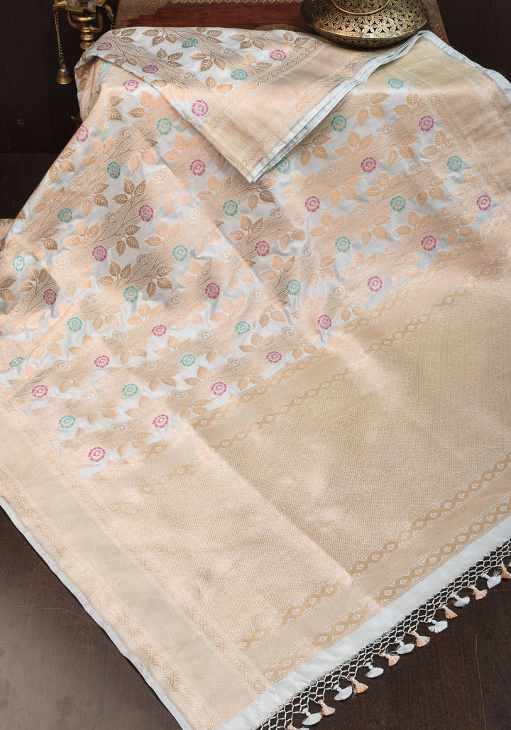 Exquisite Banarasi Katan Meenakari Silk Saree with Vertival Stripes in Gray  | SILK MARK CERTIFIED