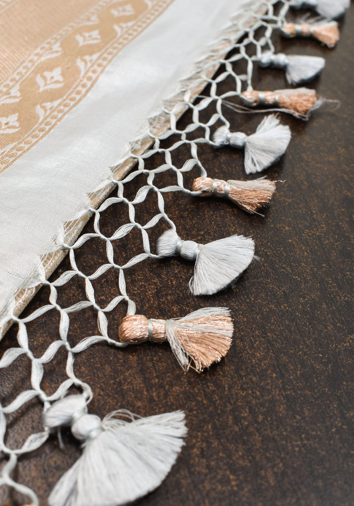 Exquisite Banarasi Katan Meenakari Silk Saree with Vertival Stripes in Gray  | SILK MARK CERTIFIED