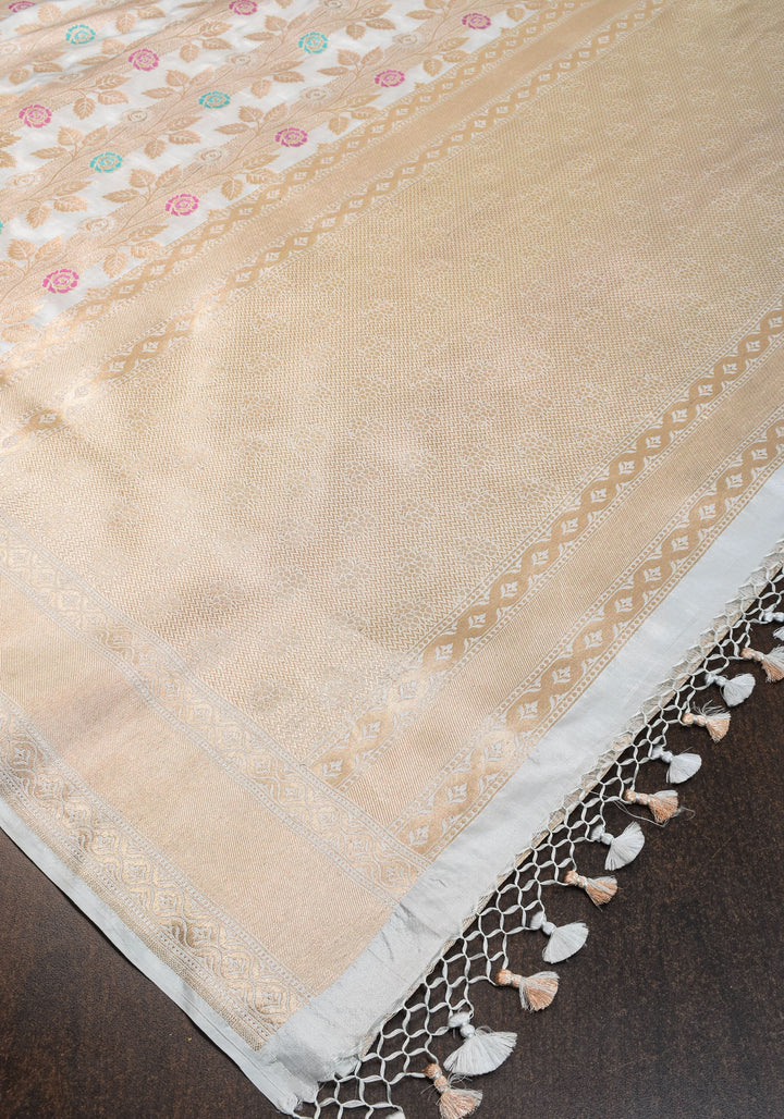 Exquisite Banarasi Katan Meenakari Silk Saree with Vertival Stripes in Gray  | SILK MARK CERTIFIED