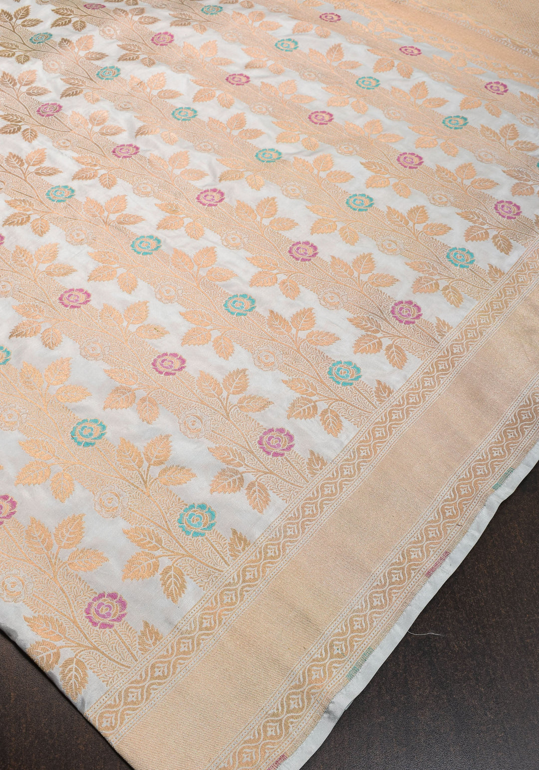 Exquisite Banarasi Katan Meenakari Silk Saree with Vertival Stripes in Gray  | SILK MARK CERTIFIED