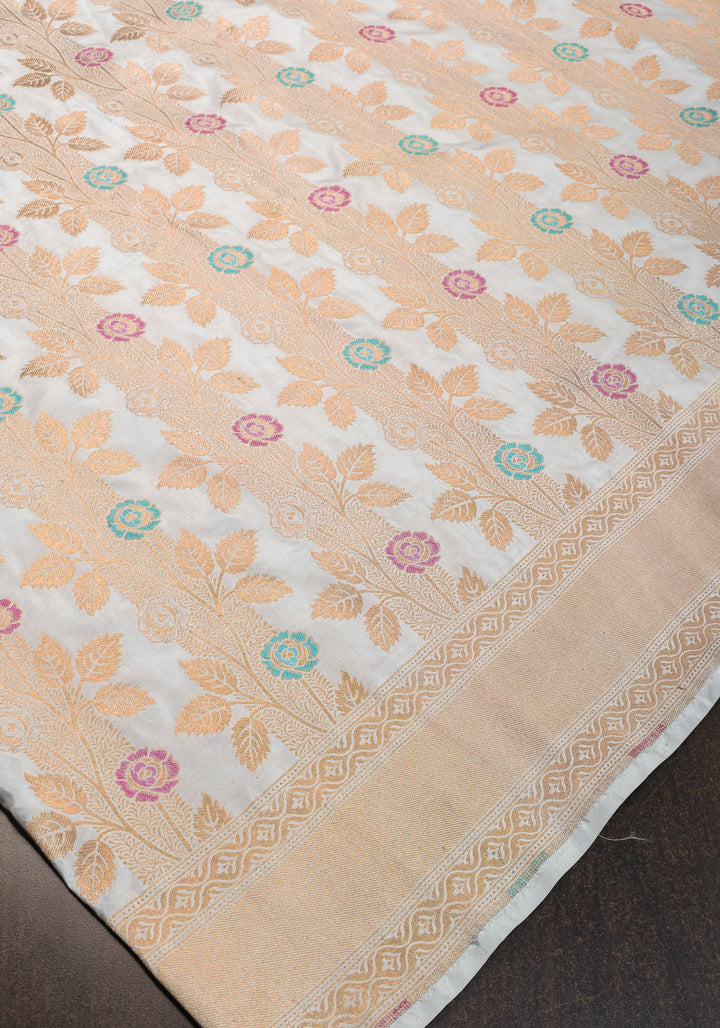 Exquisite Banarasi Katan Meenakari Silk Saree with Vertival Stripes in Gray  | SILK MARK CERTIFIED