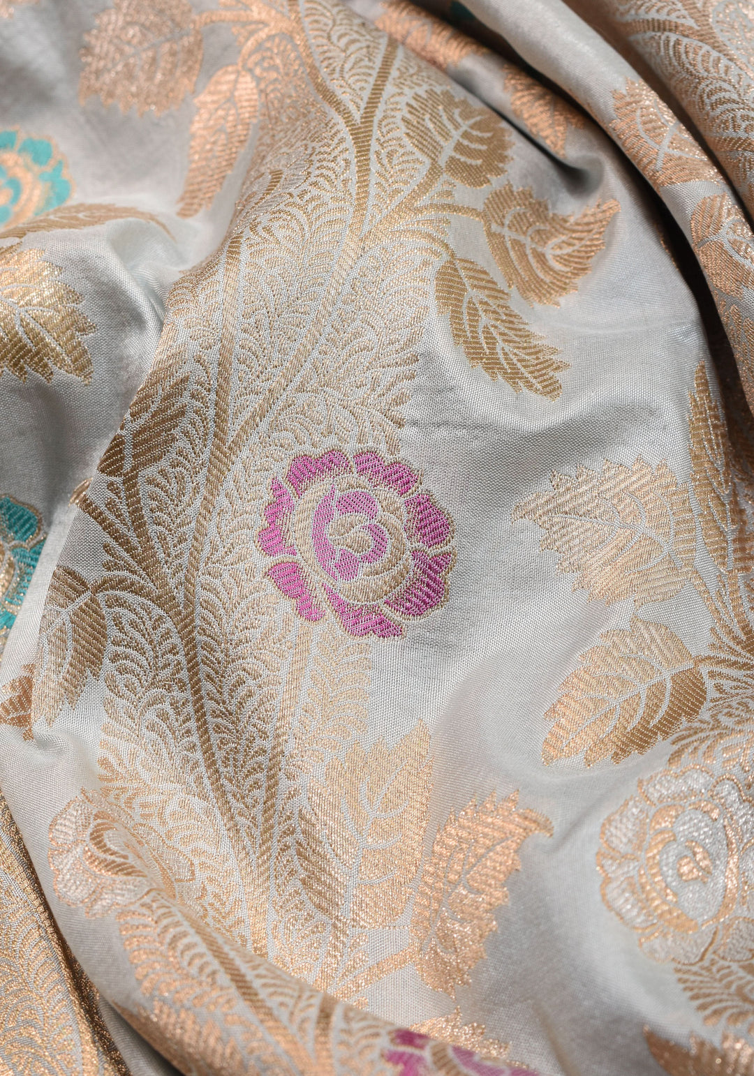 Exquisite Banarasi Katan Meenakari Silk Saree with Vertival Stripes in Gray  | SILK MARK CERTIFIED