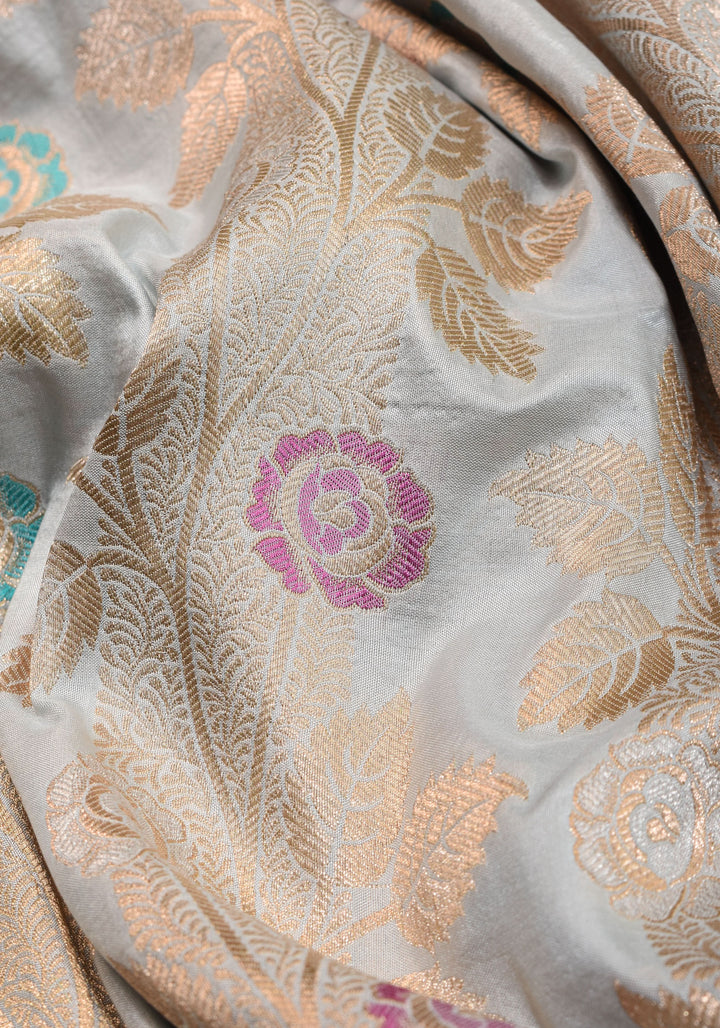 Exquisite Banarasi Katan Meenakari Silk Saree with Vertival Stripes in Gray  | SILK MARK CERTIFIED