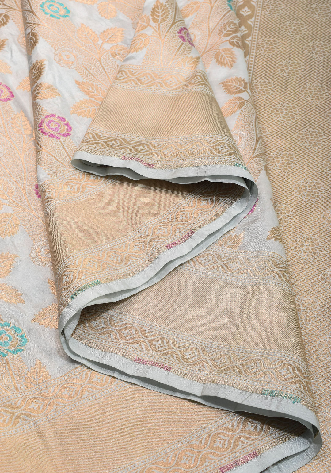 Exquisite Banarasi Katan Meenakari Silk Saree with Vertival Stripes in Gray  | SILK MARK CERTIFIED