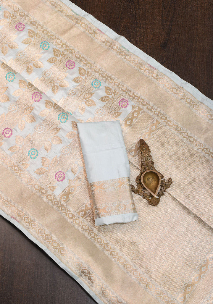 Exquisite Banarasi Katan Meenakari Silk Saree with Vertival Stripes in Gray  | SILK MARK CERTIFIED