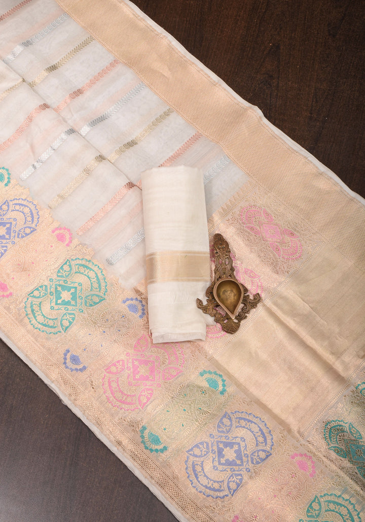 Exquisite Ivory Vertical Zari Stripes Banarasi Pure Silk Organza Saree With Meenakari Floral Border  | SILK MARK CERTIFIED