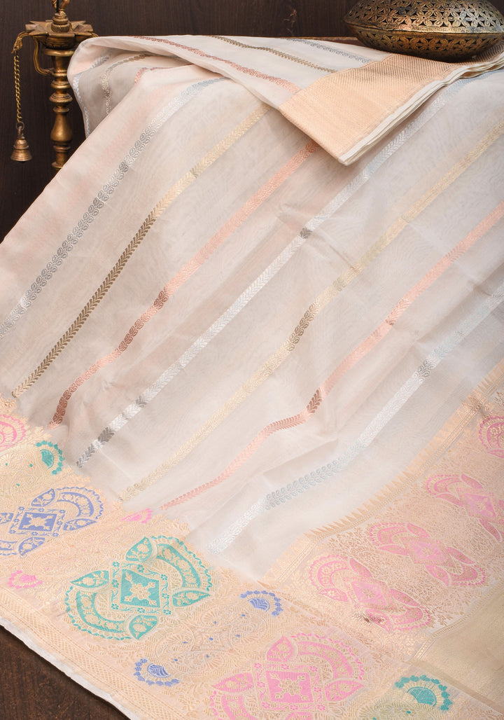 Exquisite Ivory Vertical Zari Stripes Banarasi Pure Silk Organza Saree With Meenakari Floral Border  | SILK MARK CERTIFIED