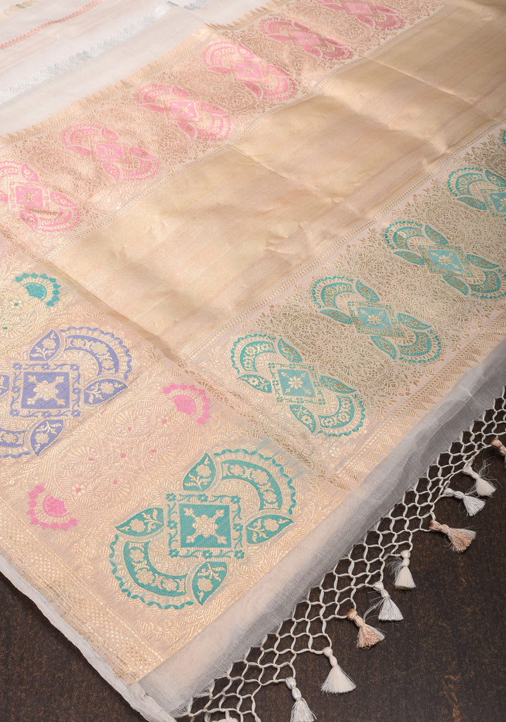 Exquisite Ivory Vertical Zari Stripes Banarasi Pure Silk Organza Saree With Meenakari Floral Border  | SILK MARK CERTIFIED
