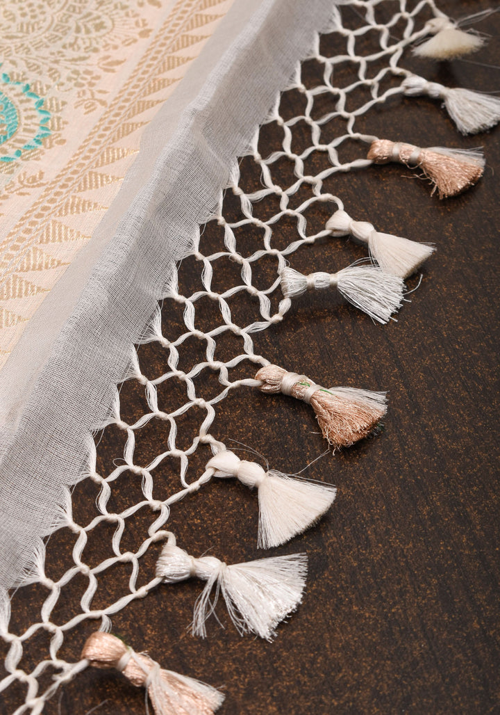 Exquisite Ivory Vertical Zari Stripes Banarasi Pure Silk Organza Saree With Meenakari Floral Border  | SILK MARK CERTIFIED