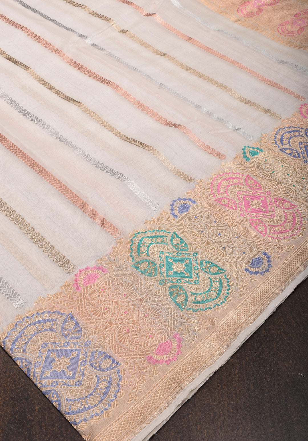 Exquisite Ivory Vertical Zari Stripes Banarasi Pure Silk Organza Saree With Meenakari Floral Border  | SILK MARK CERTIFIED
