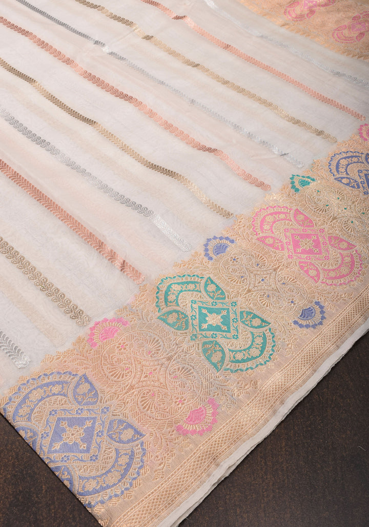 Exquisite Ivory Vertical Zari Stripes Banarasi Pure Silk Organza Saree With Meenakari Floral Border  | SILK MARK CERTIFIED