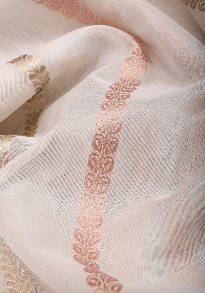 Exquisite Ivory Vertical Zari Stripes Banarasi Pure Silk Organza Saree With Meenakari Floral Border  | SILK MARK CERTIFIED