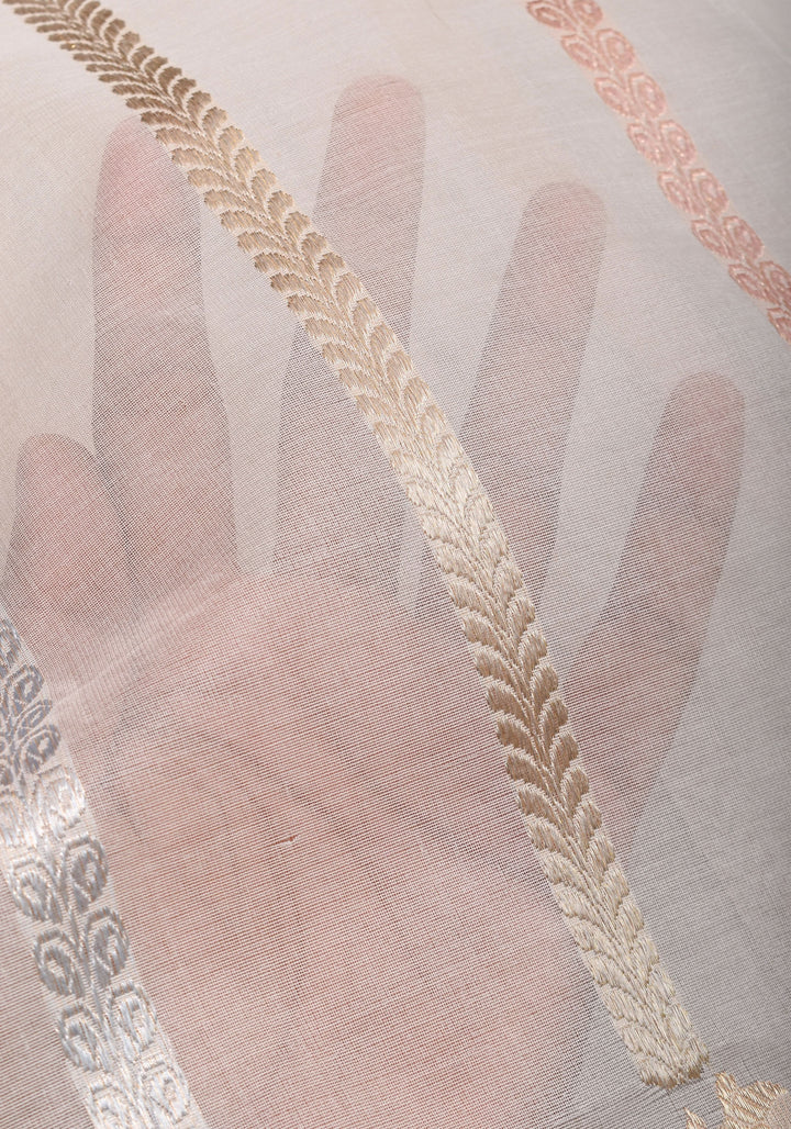 Exquisite Ivory Vertical Zari Stripes Banarasi Pure Silk Organza Saree With Meenakari Floral Border  | SILK MARK CERTIFIED