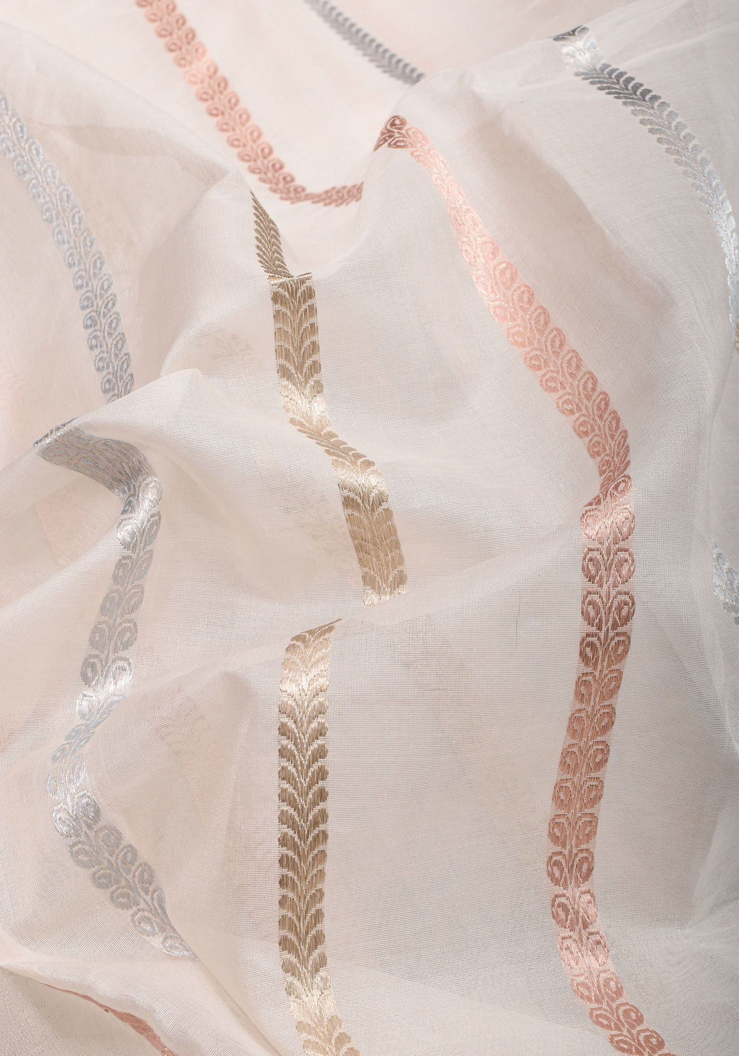 Exquisite Ivory Vertical Zari Stripes Banarasi Pure Silk Organza Saree With Meenakari Floral Border  | SILK MARK CERTIFIED