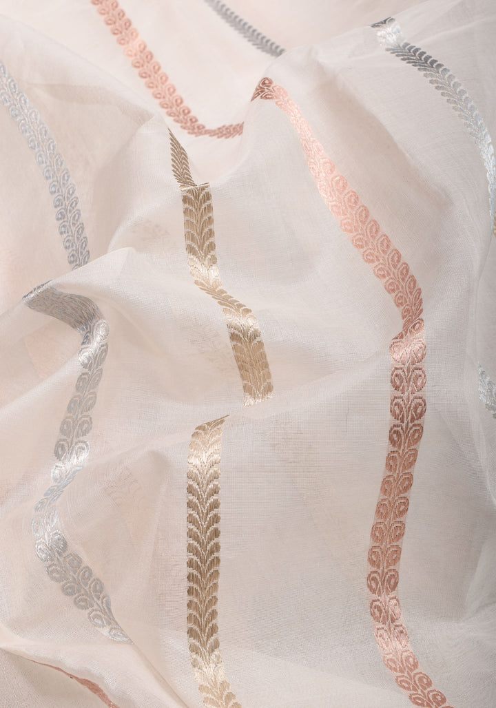 Exquisite Ivory Vertical Zari Stripes Banarasi Pure Silk Organza Saree With Meenakari Floral Border  | SILK MARK CERTIFIED