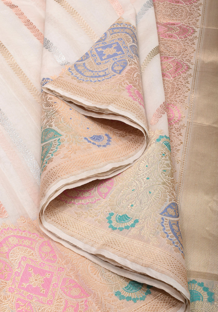Exquisite Ivory Vertical Zari Stripes Banarasi Pure Silk Organza Saree With Meenakari Floral Border  | SILK MARK CERTIFIED