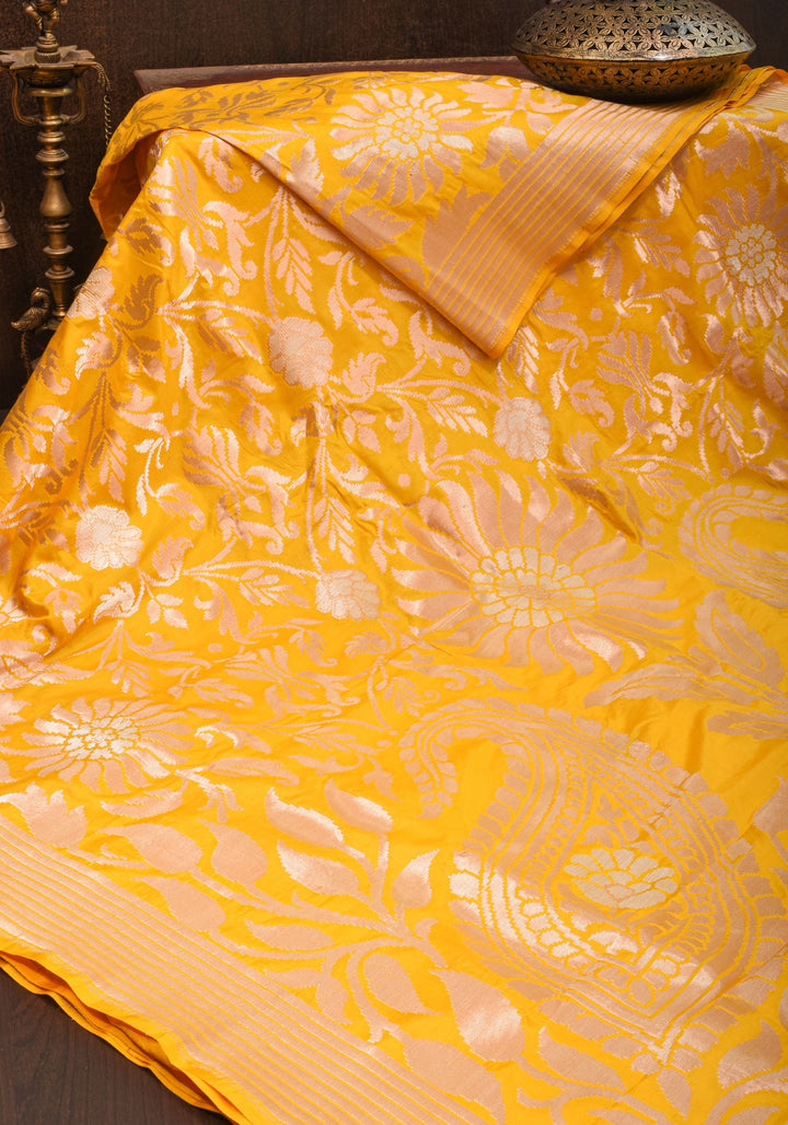 Exquisite Yellow Banarasi Katan Silk Saree with Blooming Floral Alfi Jaal, Grand Pallu and Zari | SILK MARK CERTIFIED