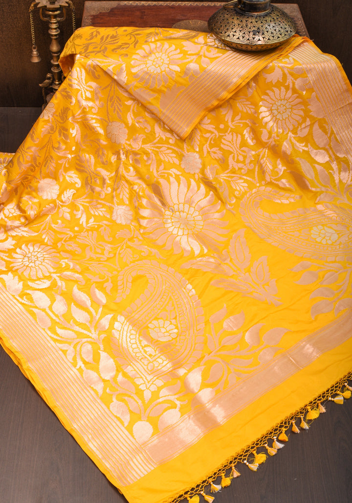 Exquisite Yellow Banarasi Katan Silk Saree with Blooming Floral Alfi Jaal, Grand Pallu and Zari | SILK MARK CERTIFIED