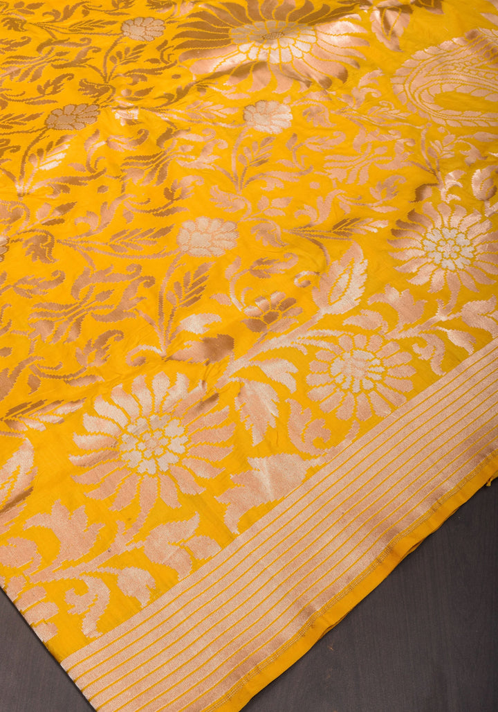 Exquisite Yellow Banarasi Katan Silk Saree with Blooming Floral Alfi Jaal, Grand Pallu and Zari | SILK MARK CERTIFIED