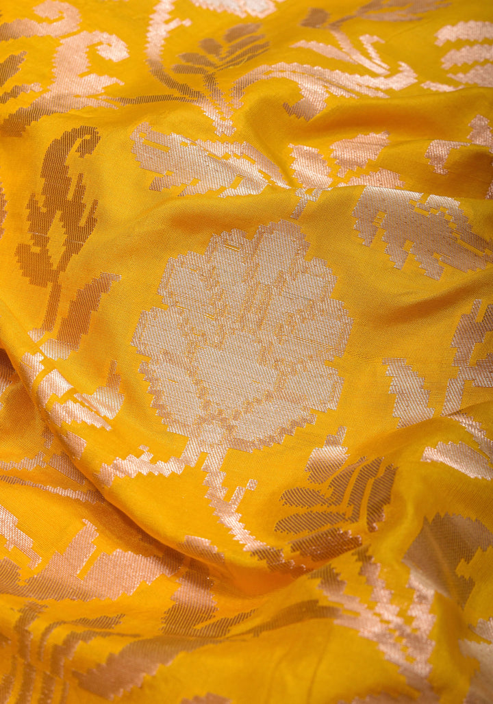 Exquisite Yellow Banarasi Katan Silk Saree with Blooming Floral Alfi Jaal, Grand Pallu and Zari | SILK MARK CERTIFIED