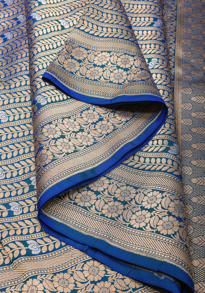 Exquisite Banarasi Katan Silk saree in Peacock Blue Green Dual Tone Florals Alfi in Horizontal stripes  | SILK MARK CERTIFIED