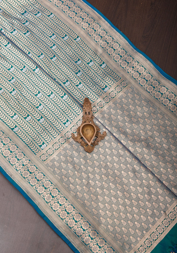 Exquisite Banarasi Katan Silk saree in Peacock Blue Green Dual Tone Florals Alfi in Horizontal stripes  | SILK MARK CERTIFIED