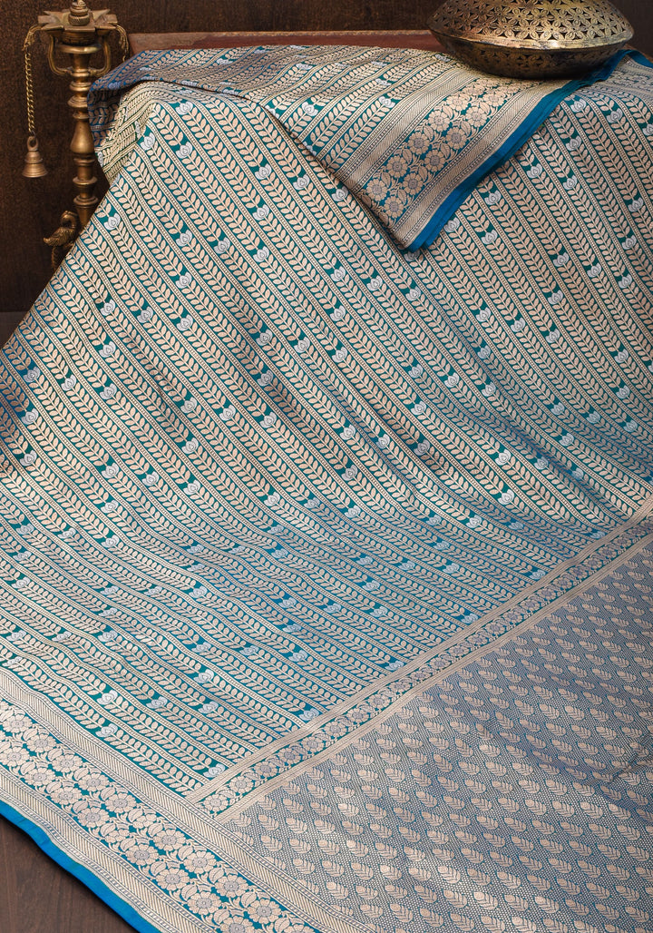 Exquisite Banarasi Katan Silk saree in Peacock Blue Green Dual Tone Florals Alfi in Horizontal stripes  | SILK MARK CERTIFIED