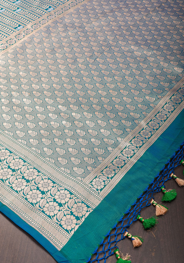 Exquisite Banarasi Katan Silk saree in Peacock Blue Green Dual Tone Florals Alfi in Horizontal stripes  | SILK MARK CERTIFIED