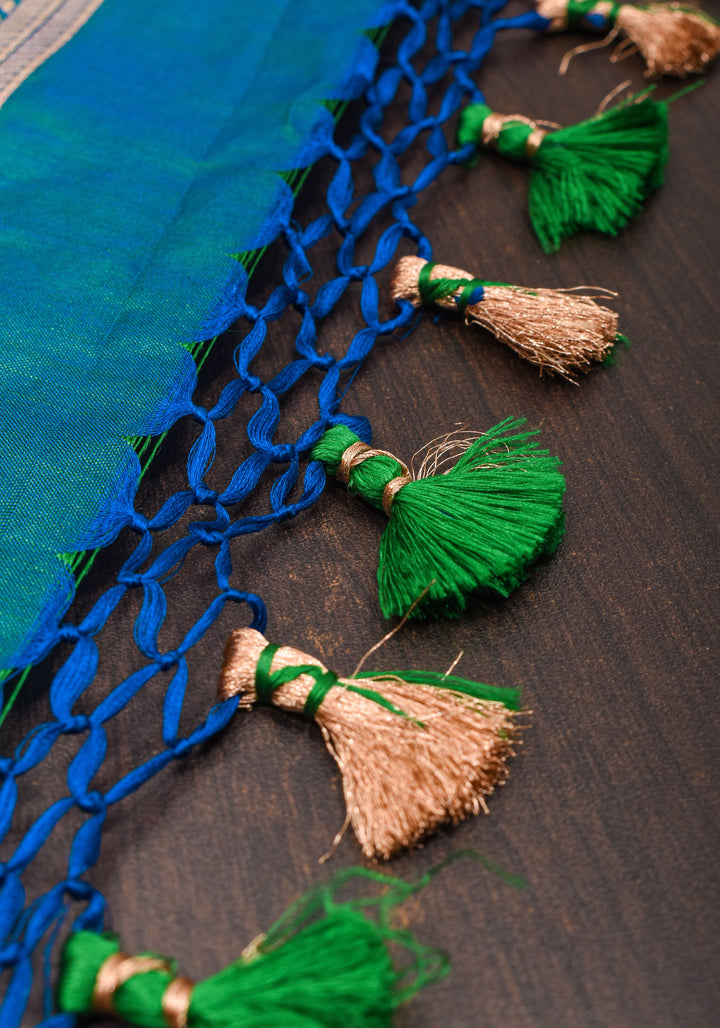 Exquisite Banarasi Katan Silk saree in Peacock Blue Green Dual Tone Florals Alfi in Horizontal stripes  | SILK MARK CERTIFIED