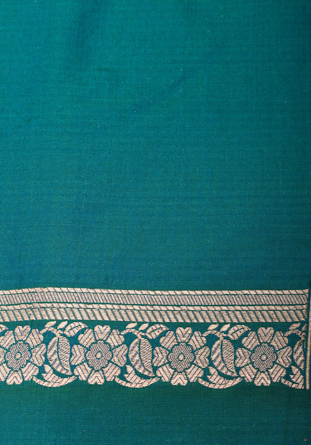 Exquisite Banarasi Katan Silk saree in Peacock Blue Green Dual Tone Florals Alfi in Horizontal stripes  | SILK MARK CERTIFIED