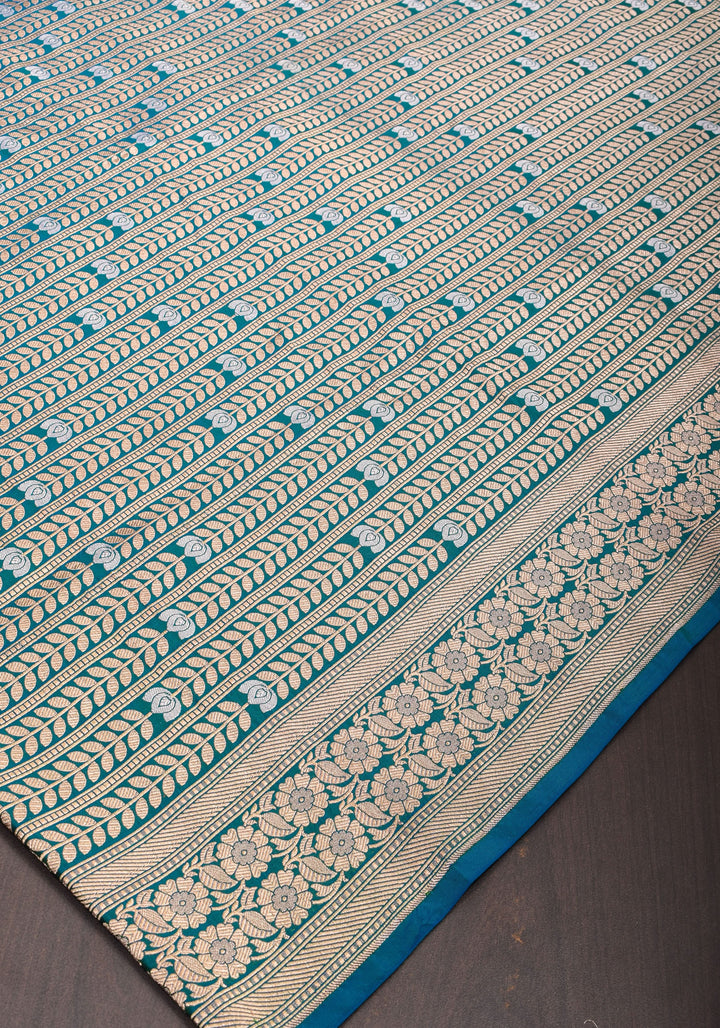 Exquisite Banarasi Katan Silk saree in Peacock Blue Green Dual Tone Florals Alfi in Horizontal stripes  | SILK MARK CERTIFIED