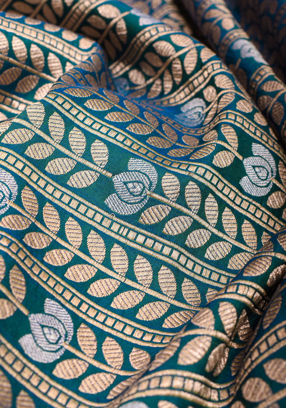 Exquisite Banarasi Katan Silk saree in Peacock Blue Green Dual Tone Florals Alfi in Horizontal stripes  | SILK MARK CERTIFIED