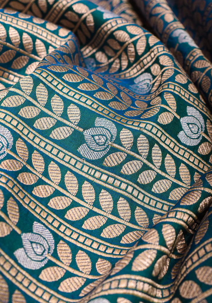 Exquisite Banarasi Katan Silk saree in Peacock Blue Green Dual Tone Florals Alfi in Horizontal stripes  | SILK MARK CERTIFIED