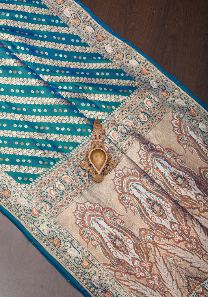 Exquisite Banarasi Silk Saree in Peacock Blue & Green Dual tone with Meenakari Leheria  with Intricate Pallu and Zari  | SILK MARK CERTIFIED