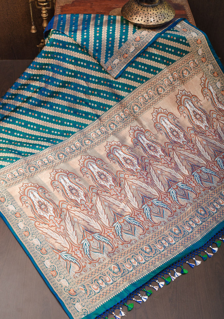 Exquisite Banarasi Silk Saree in Peacock Blue & Green Dual tone with Meenakari Leheria  with Intricate Pallu and Zari  | SILK MARK CERTIFIED