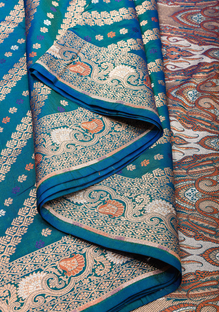 Exquisite Banarasi Silk Saree in Peacock Blue & Green Dual tone with Meenakari Leheria  with Intricate Pallu and Zari  | SILK MARK CERTIFIED