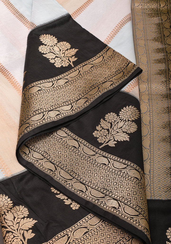 Exquisite Banarasi Tissue and Katan Silk Panel Design Saree with Black Borders | SILK MARK CERTIFIED
