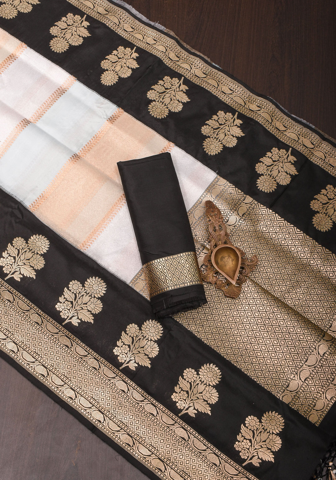 Exquisite Banarasi Tissue and Katan Silk Panel Design Saree with Black Borders | SILK MARK CERTIFIED