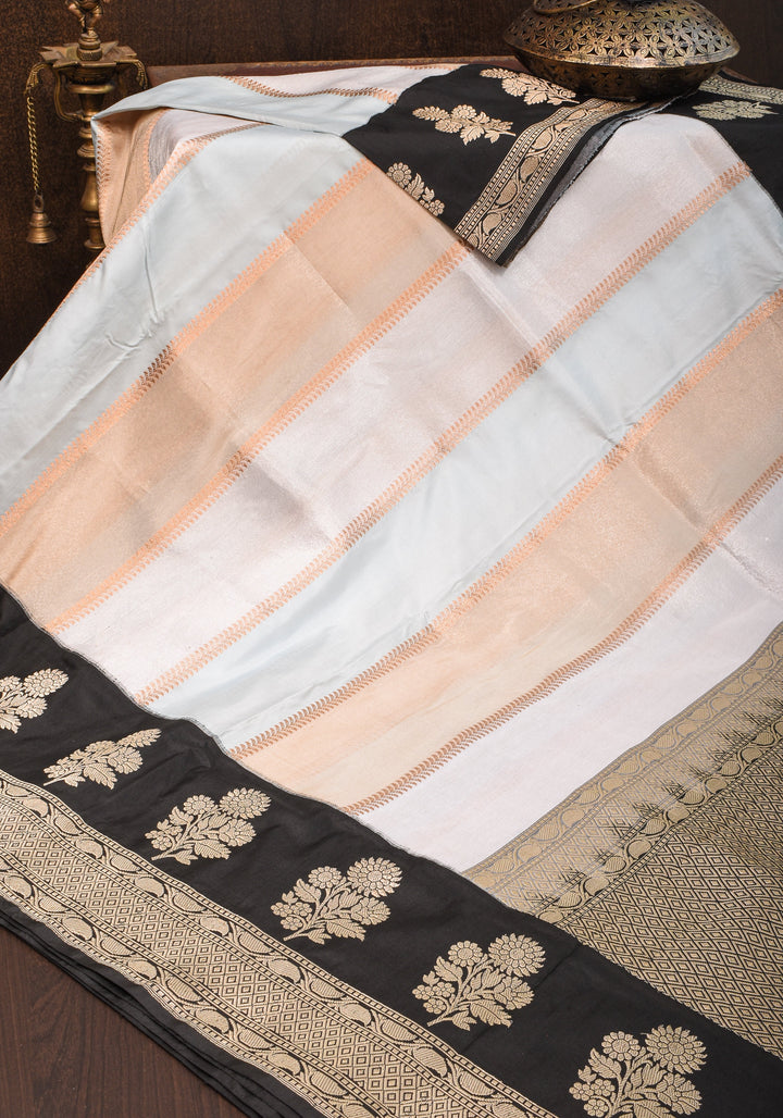 Exquisite Banarasi Tissue and Katan Silk Panel Design Saree with Black Borders | SILK MARK CERTIFIED