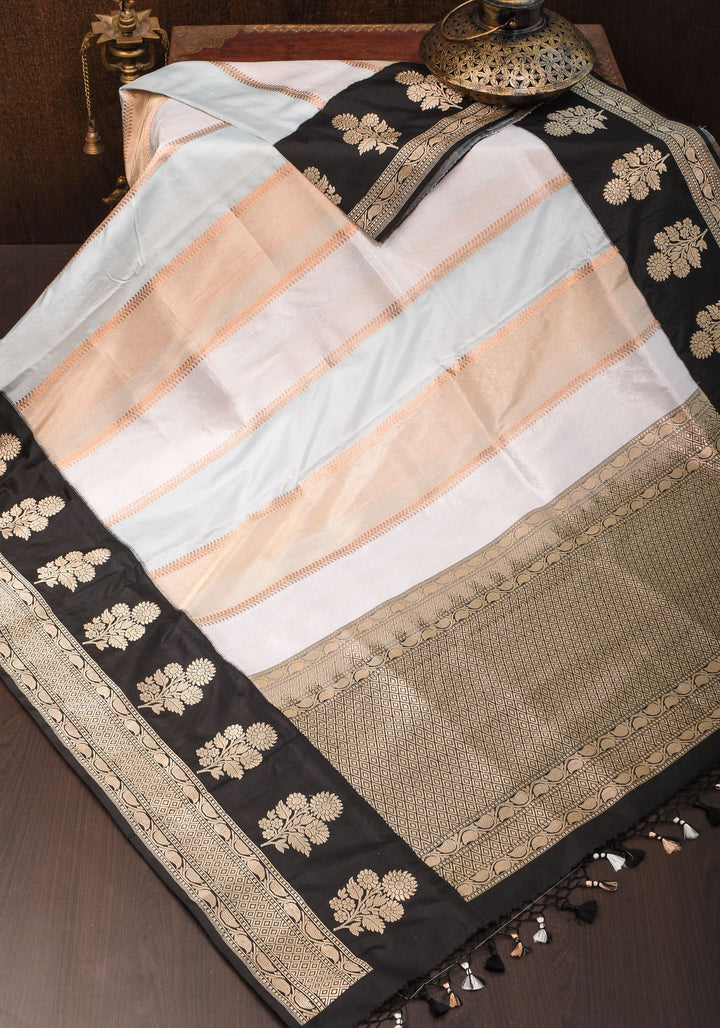 Exquisite Banarasi Tissue and Katan Silk Panel Design Saree with Black Borders | SILK MARK CERTIFIED