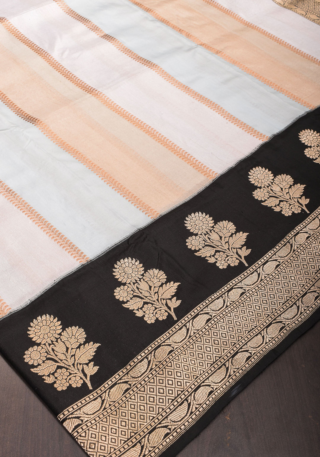 Exquisite Banarasi Tissue and Katan Silk Panel Design Saree with Black Borders | SILK MARK CERTIFIED
