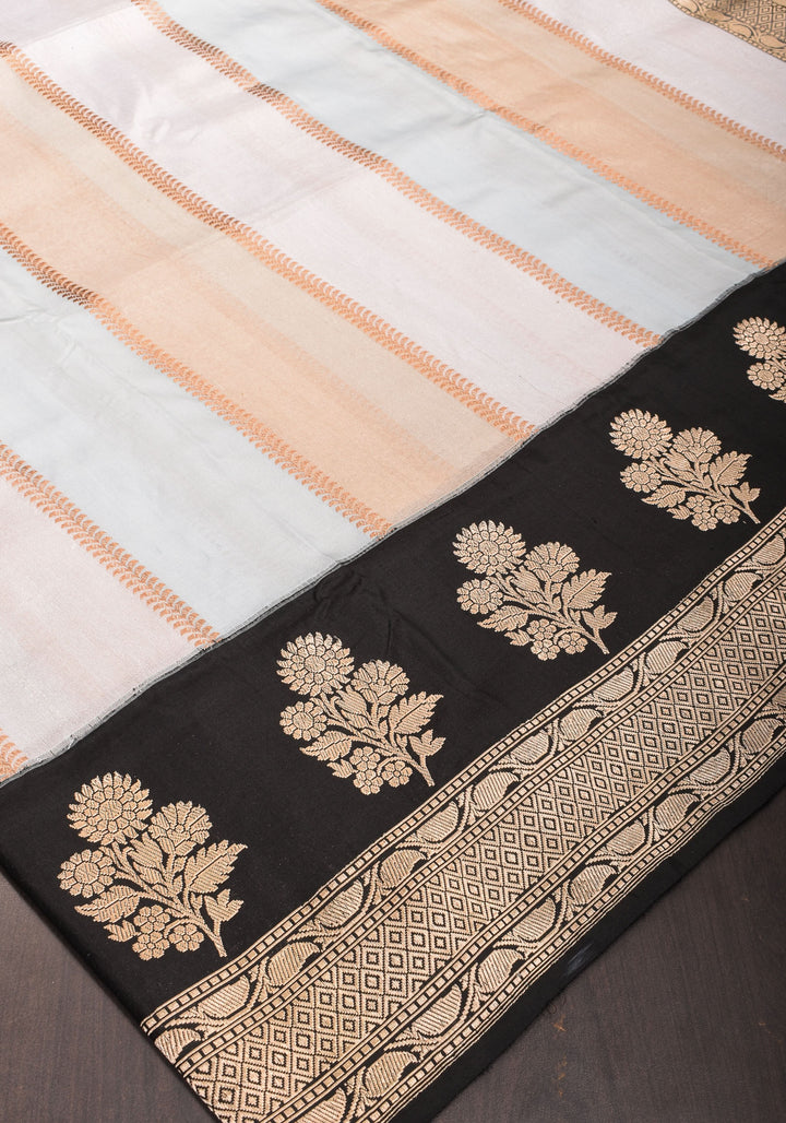 Exquisite Banarasi Tissue and Katan Silk Panel Design Saree with Black Borders | SILK MARK CERTIFIED