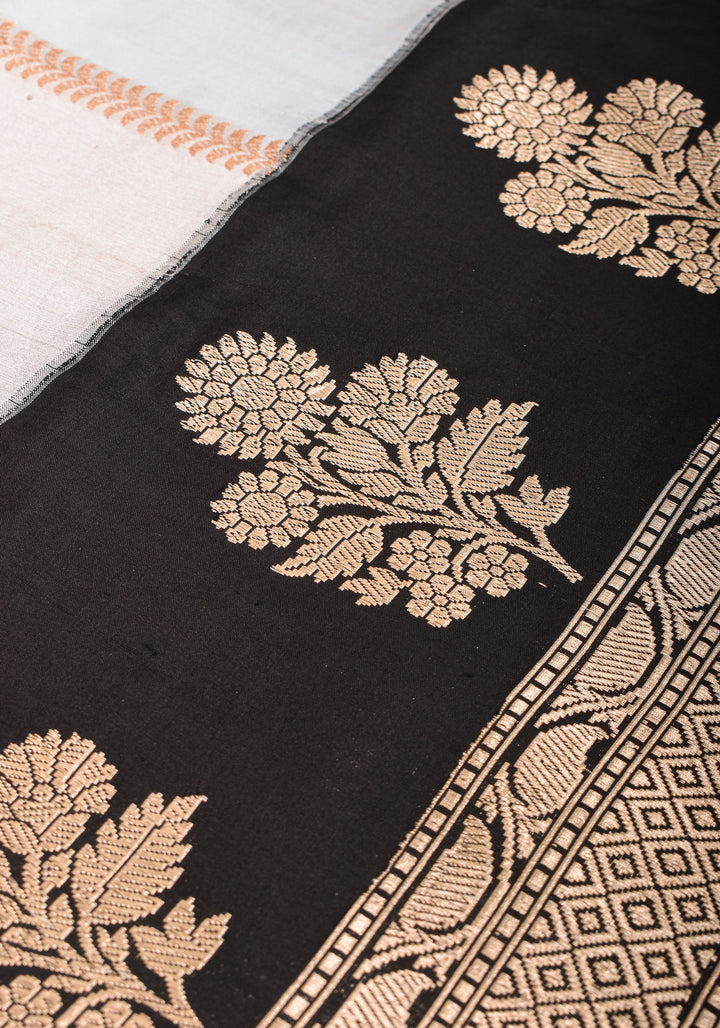 Exquisite Banarasi Tissue and Katan Silk Panel Design Saree with Black Borders | SILK MARK CERTIFIED