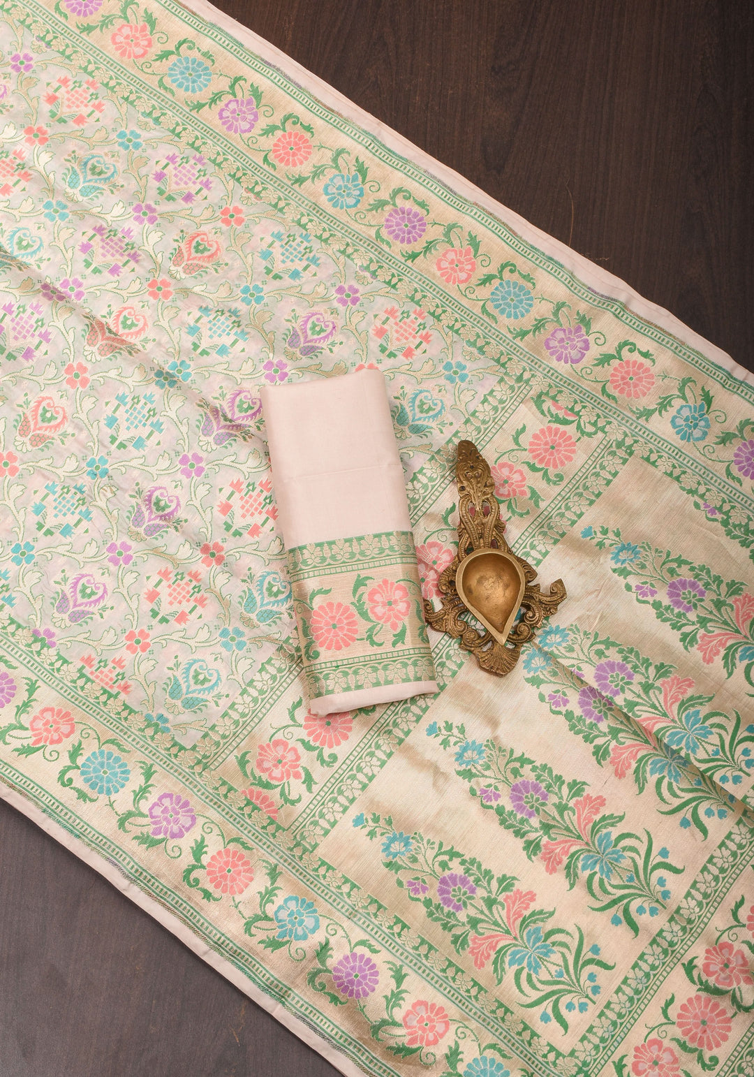 Exquisite Patola Meenakari Banarasi Jaal Katan Silk Saree in Cream with Intricate Pallu | SILK MARK CERTIFIED