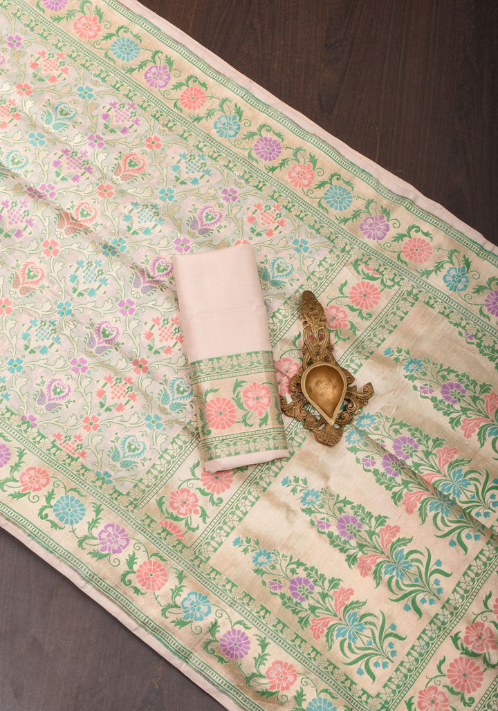 Exquisite Patola Meenakari Banarasi Jaal Katan Silk Saree in Cream with Intricate Pallu | SILK MARK CERTIFIED