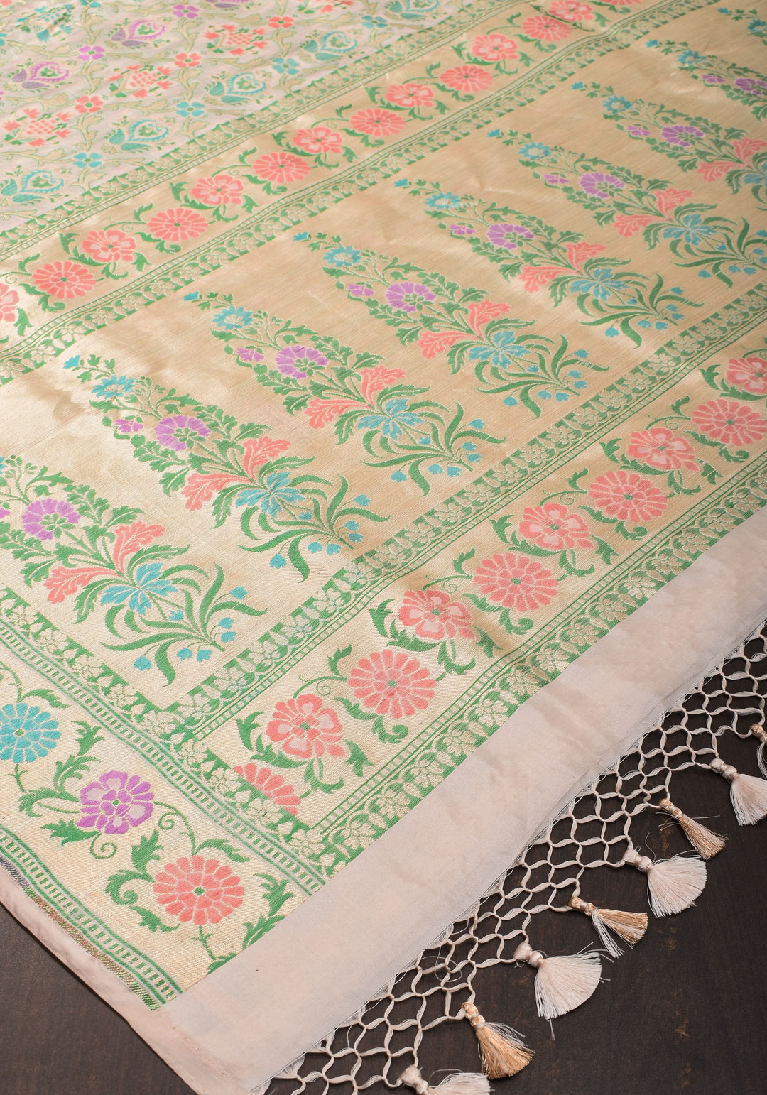 Exquisite Patola Meenakari Banarasi Jaal Katan Silk Saree in Cream with Intricate Pallu | SILK MARK CERTIFIED