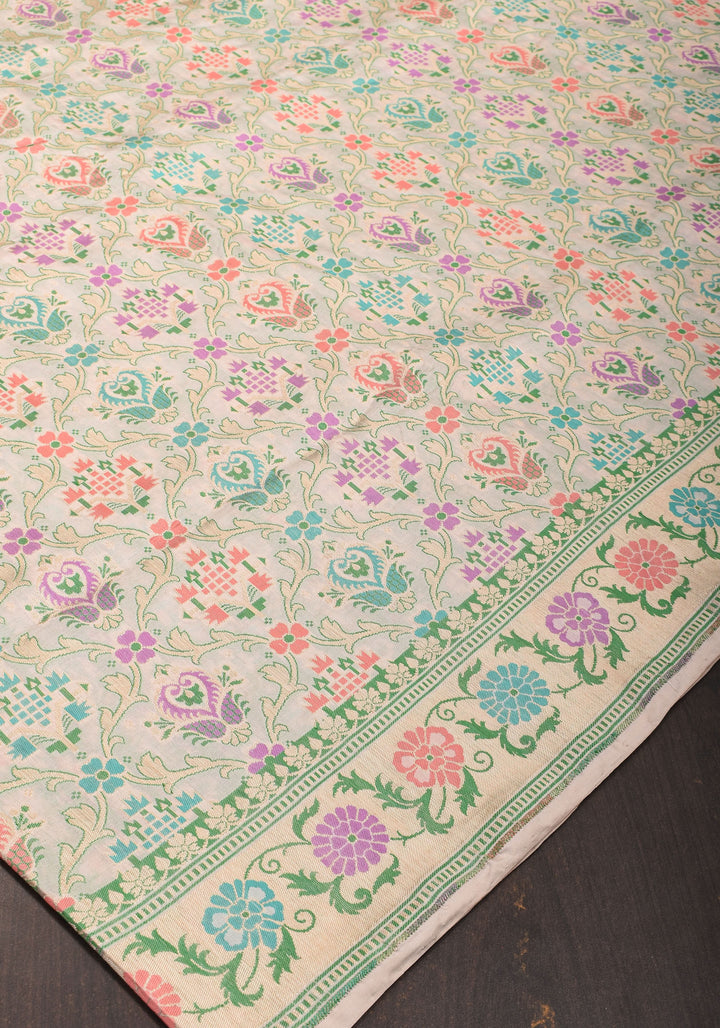 Exquisite Patola Meenakari Banarasi Jaal Katan Silk Saree in Cream with Intricate Pallu | SILK MARK CERTIFIED